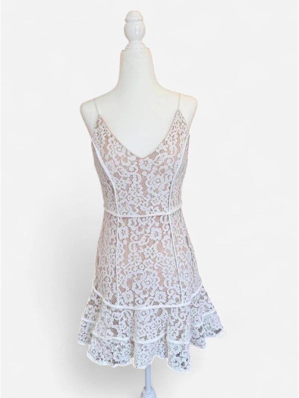 Lush White Lace Mini Dress Spaghetti Strap Ruffle Hem Size Small